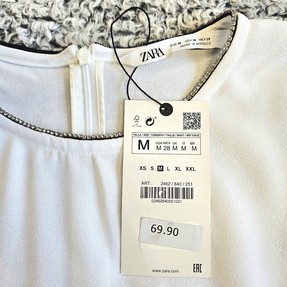 Zara White Top M Medium Flare Sleeve Rhinestones Minimalist Dressy Glam Tunic - Picture 8 of 16